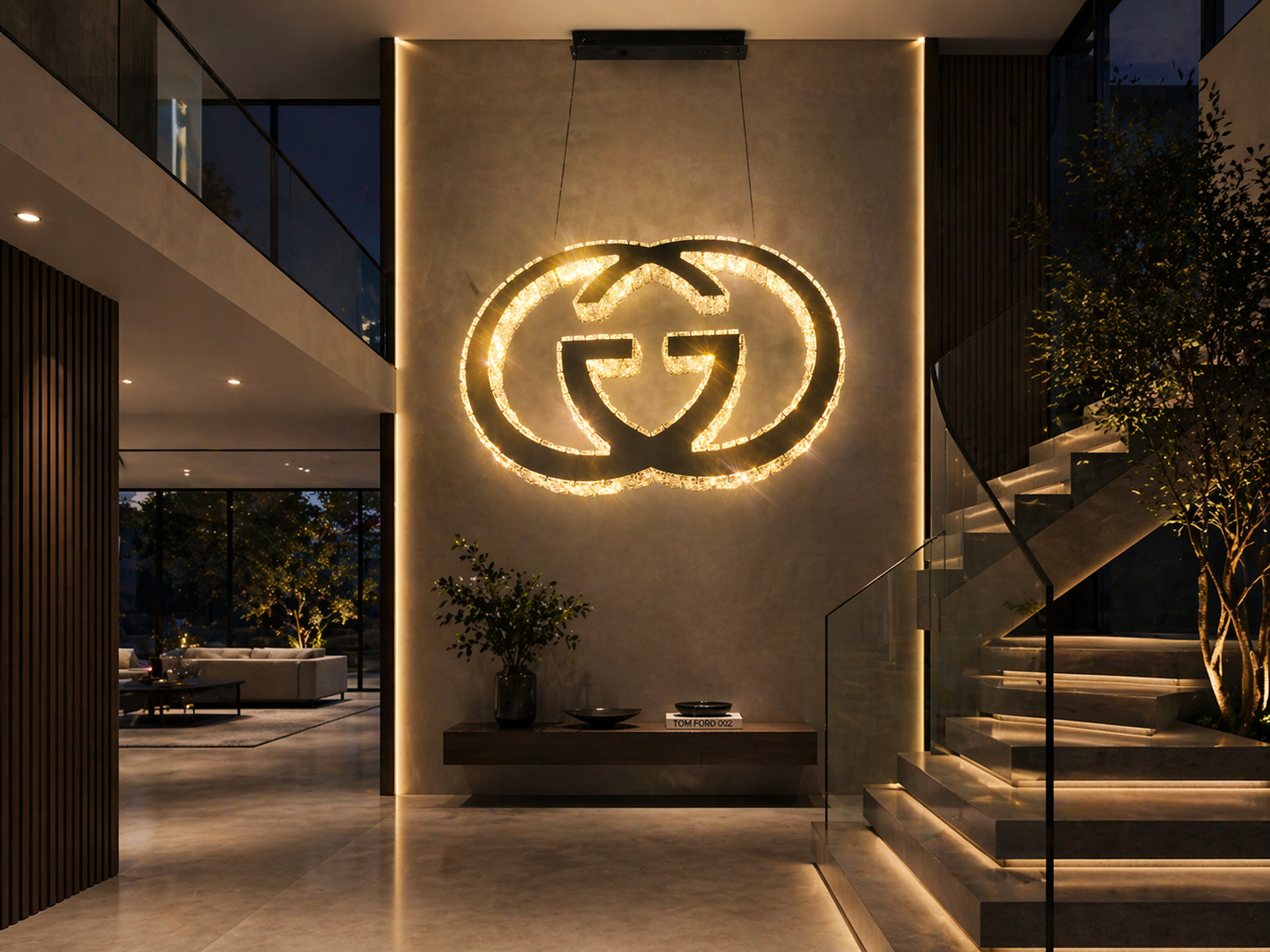 GUCCI Logo Luxury Crystal Hanging LED Pendant Light with Remote control