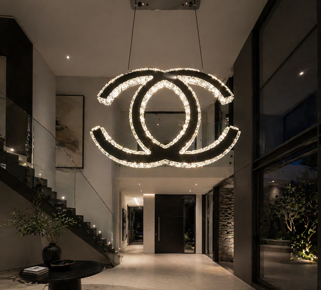 CHANEL Logo Luxury Crystal Hanging LED Pendant Light with Remote.