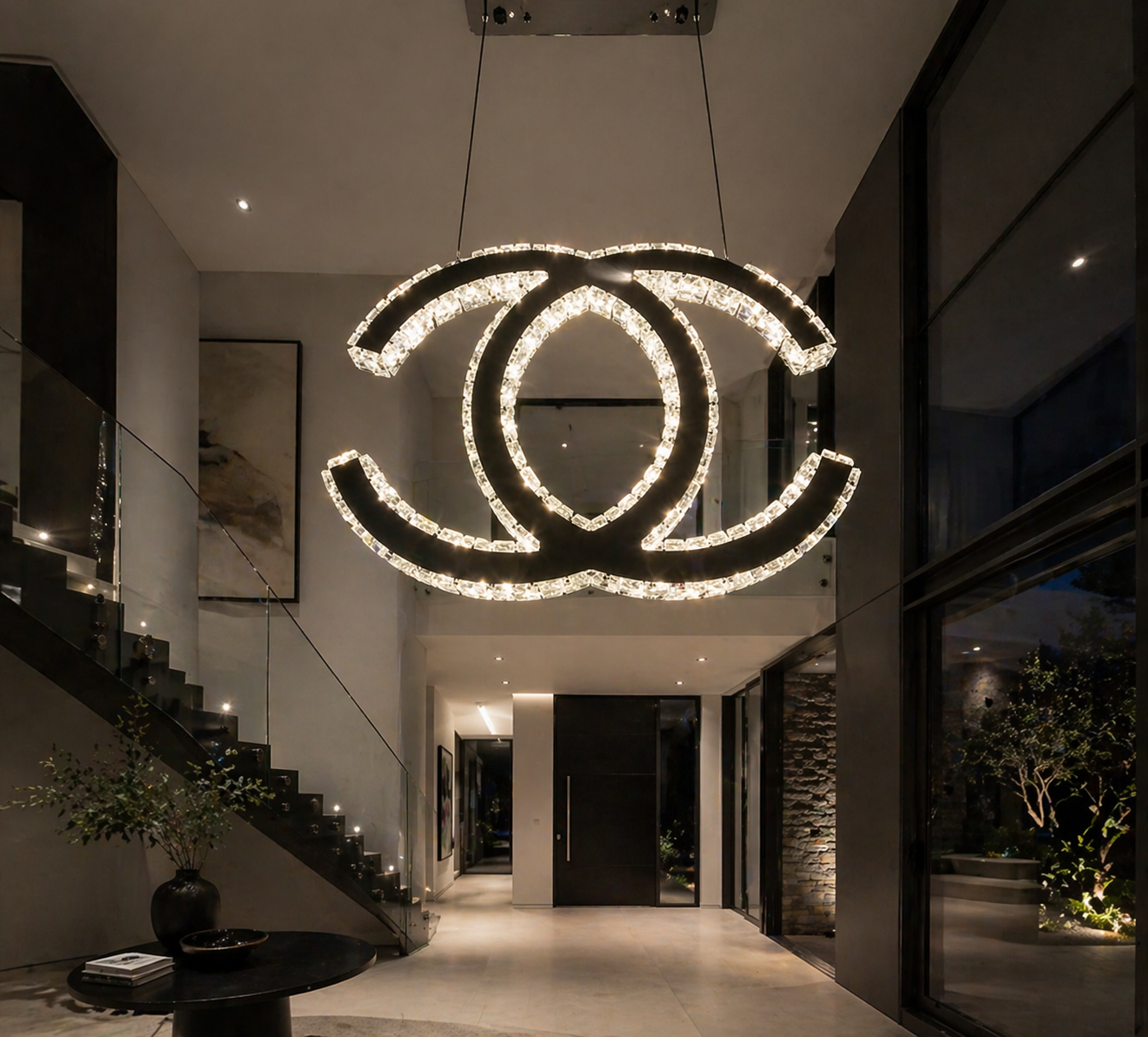 CHANEL Logo Luxury Crystal Hanging LED Pendant Light with Remote.