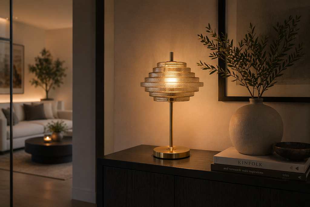 CORDIAN BRASS AND ANTIQUE GLASS TABLE LAMP