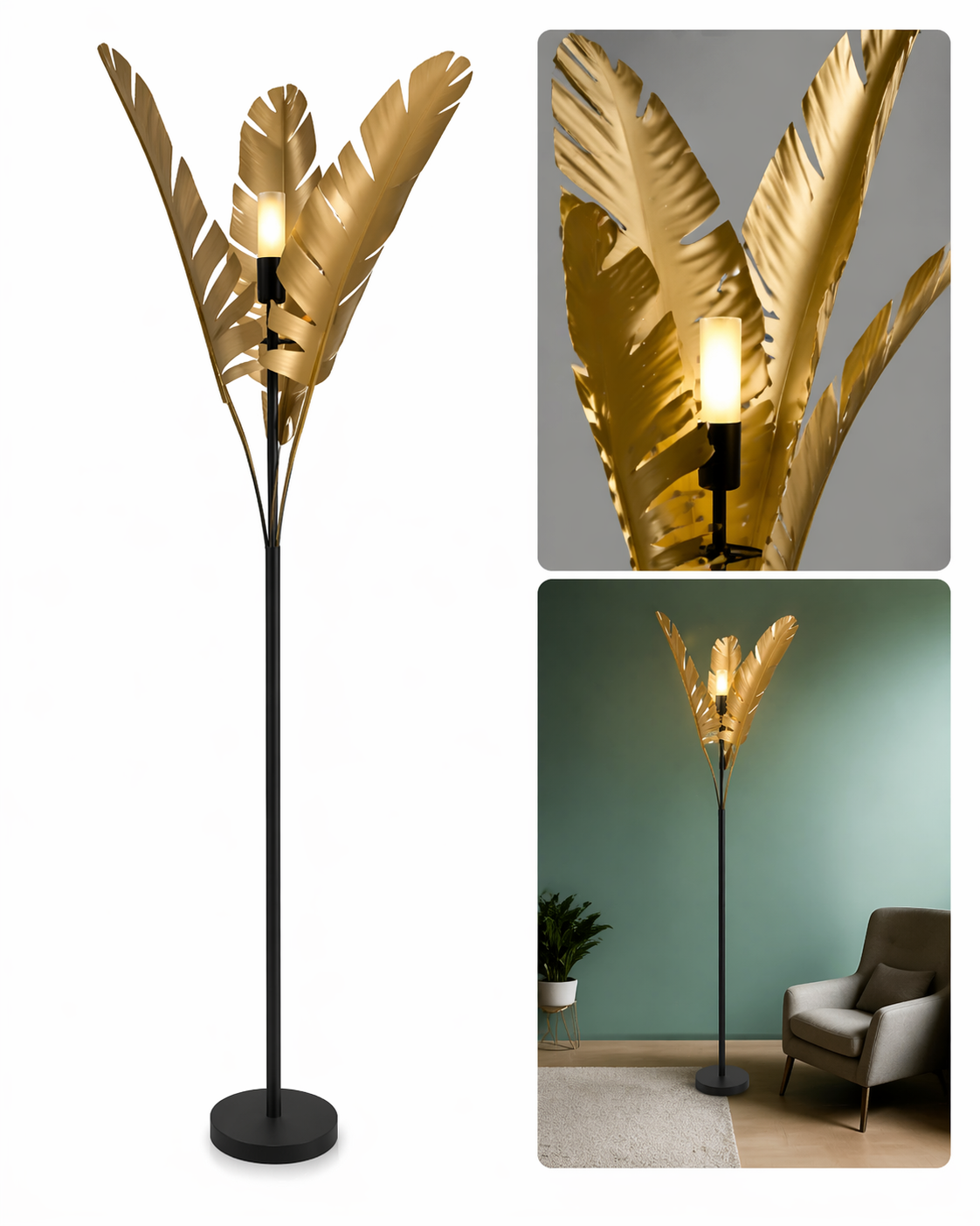 BANANA PALM FLOOR LAMP IN BLACK AND GOLD