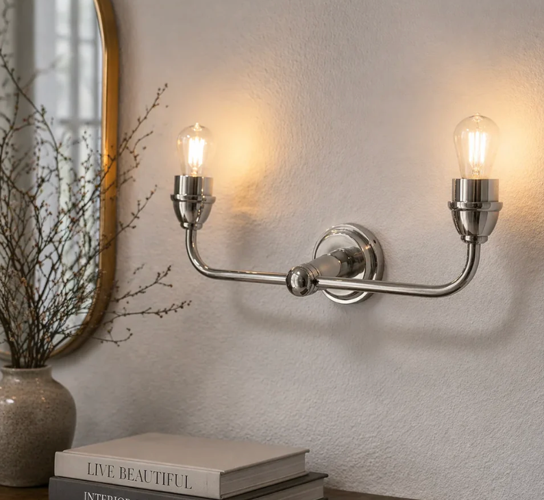 DOUBLE WALL LIGHT FOR BEDROOM AND HALLWAY – 2 LIGHT WALL FITTING ANTIQUE BRASS | SILVER