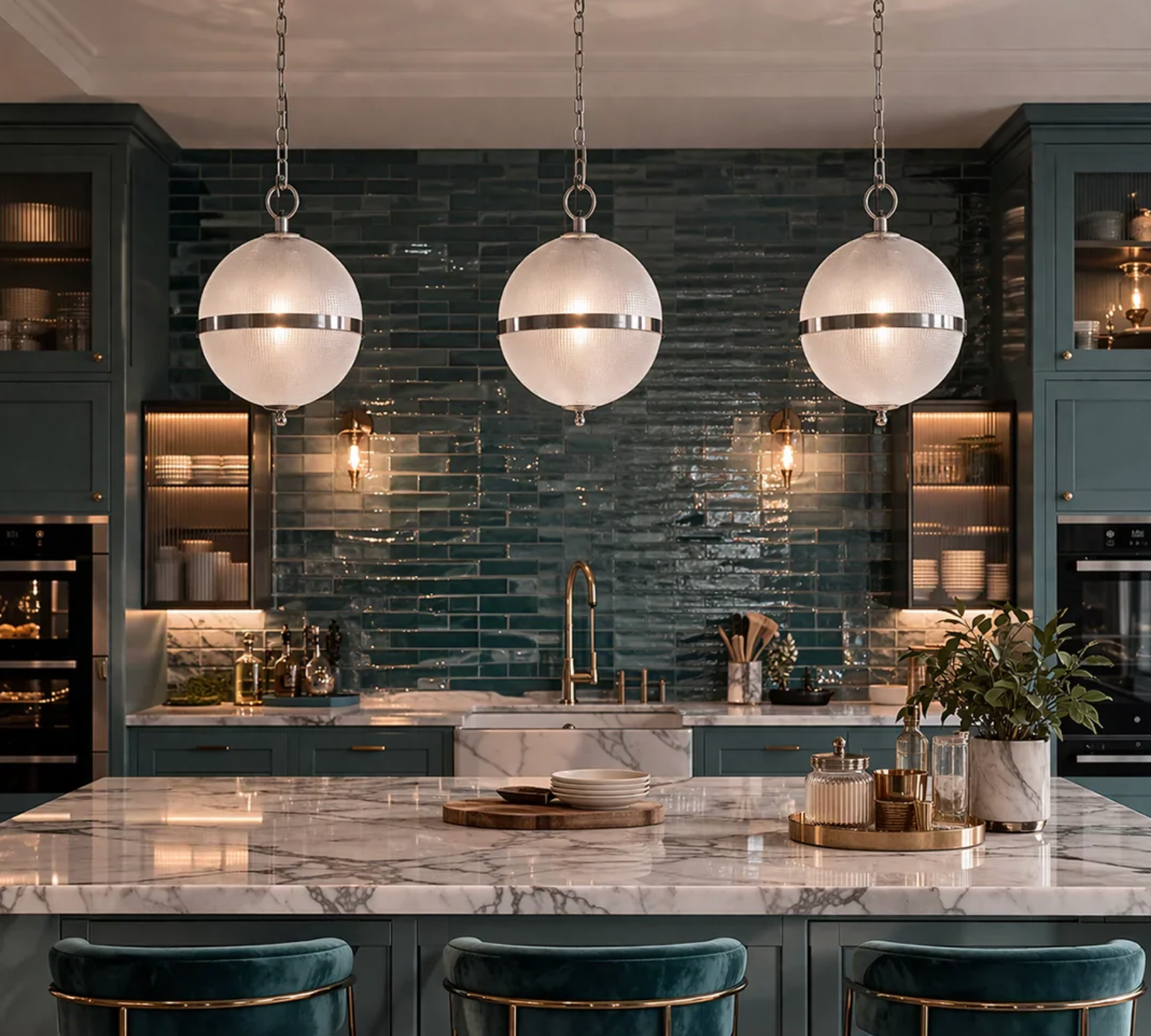 RIBBED SPHERE GLASS GLOBE PENDANT LIGHT ANTIQUE BRASS | SILVER