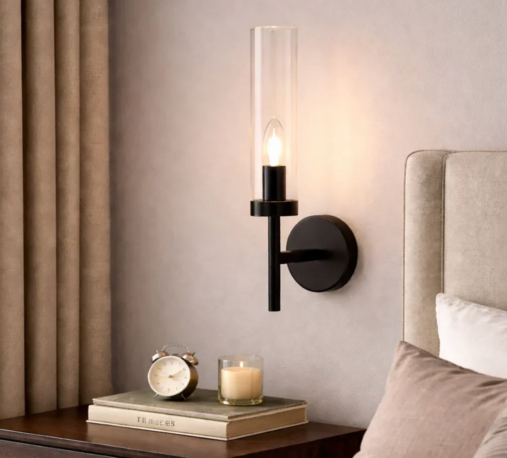 BLACK MODERN WALL LIGHT FOR BEDROOM – CLEAR GLASS CYLINDER
