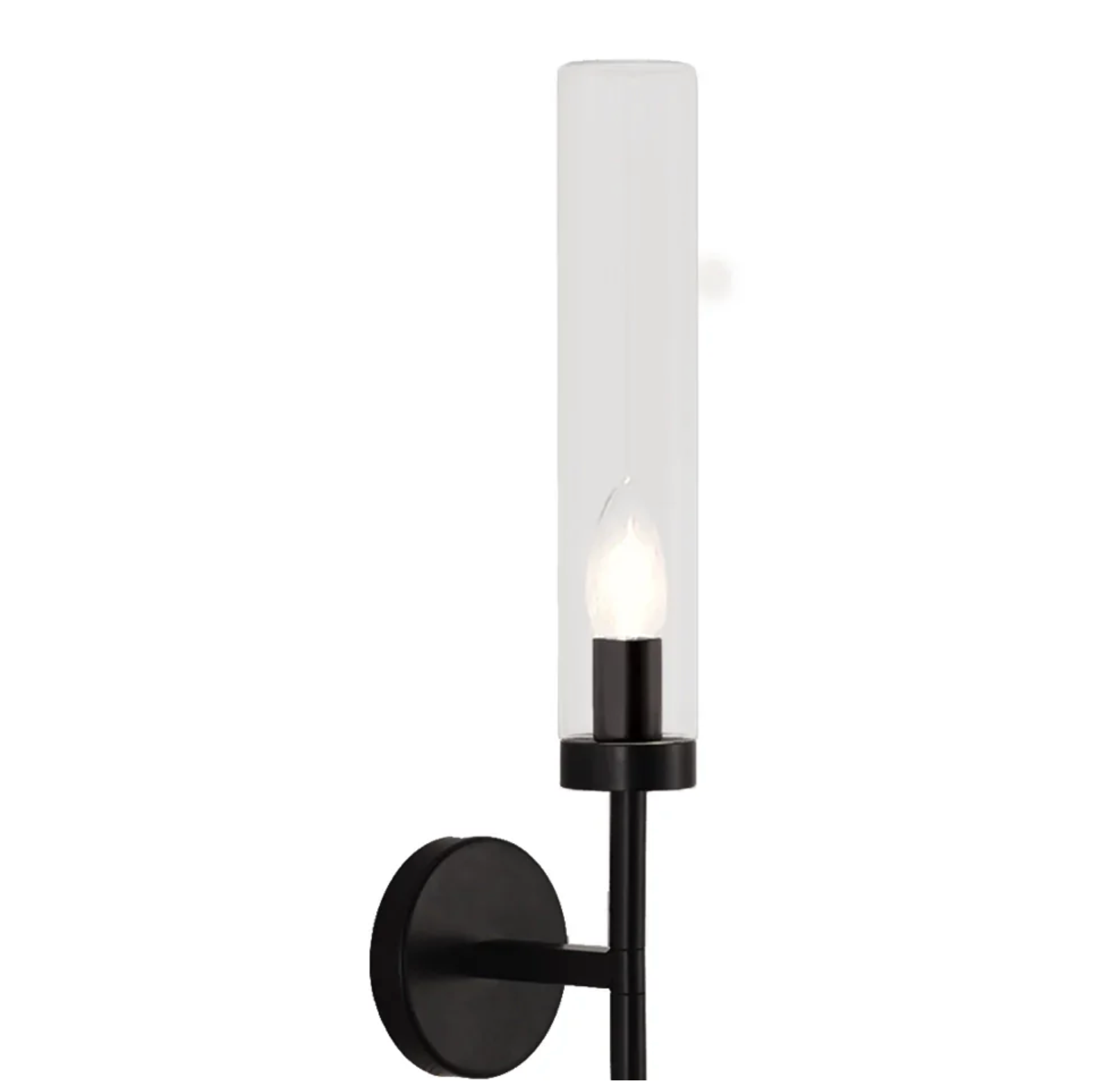 BLACK MODERN WALL LIGHT FOR BEDROOM – CLEAR GLASS CYLINDER
