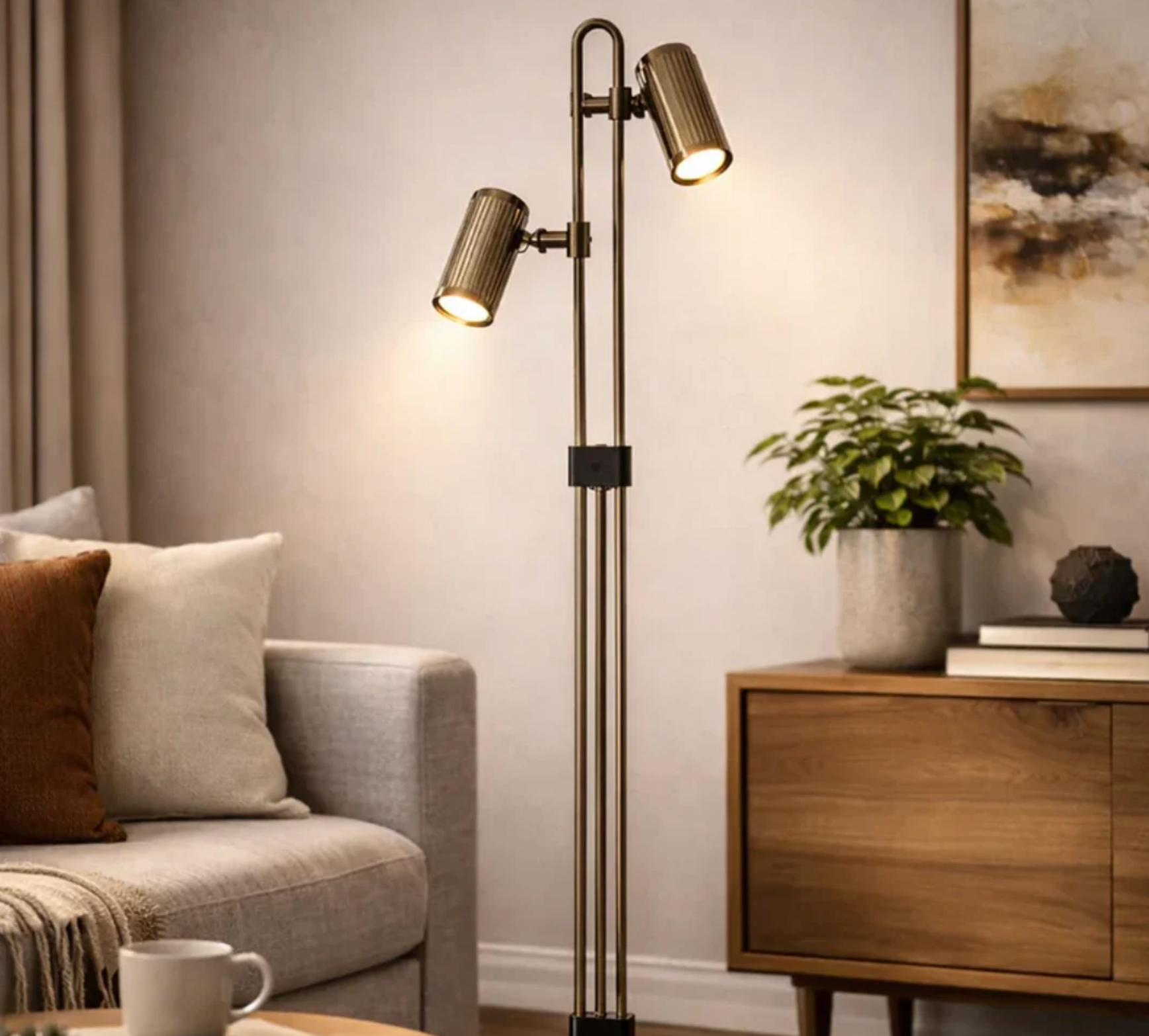 AUREX TWIN-HEAD ADJUSTABLE FLOOR LAMP – BLACK AND BRASS