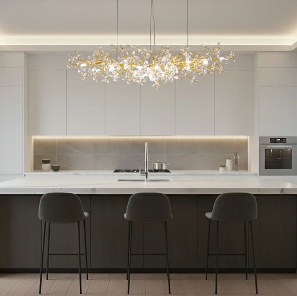 CHAMPAGNE CRYSTAL FLORAL LINEAR CHANDELIER – 17 LIGHT LUXURY CEILING LIGHT