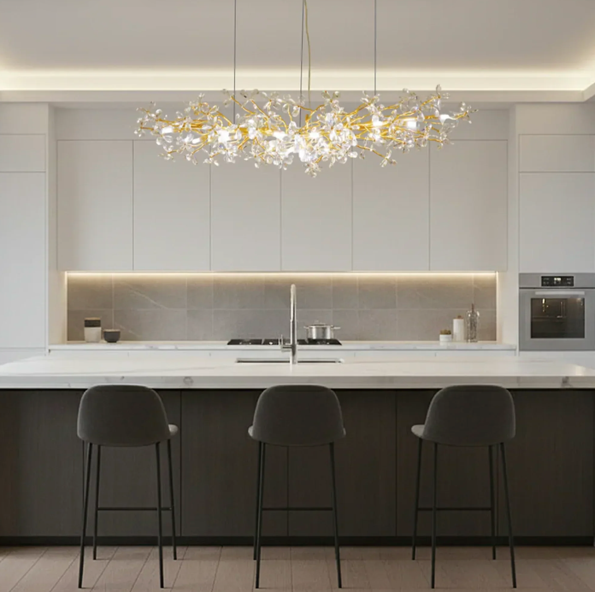 CHAMPAGNE CRYSTAL FLORAL LINEAR CHANDELIER – 17 LIGHT LUXURY CEILING LIGHT