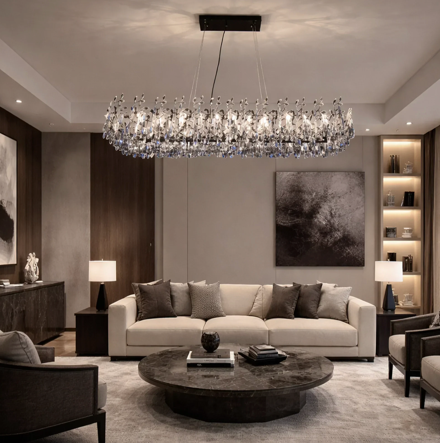 BLACK CRYSTAL LINEAR CHANDELIER WITH BRANCH LEAF DESIGN – RIALTO
