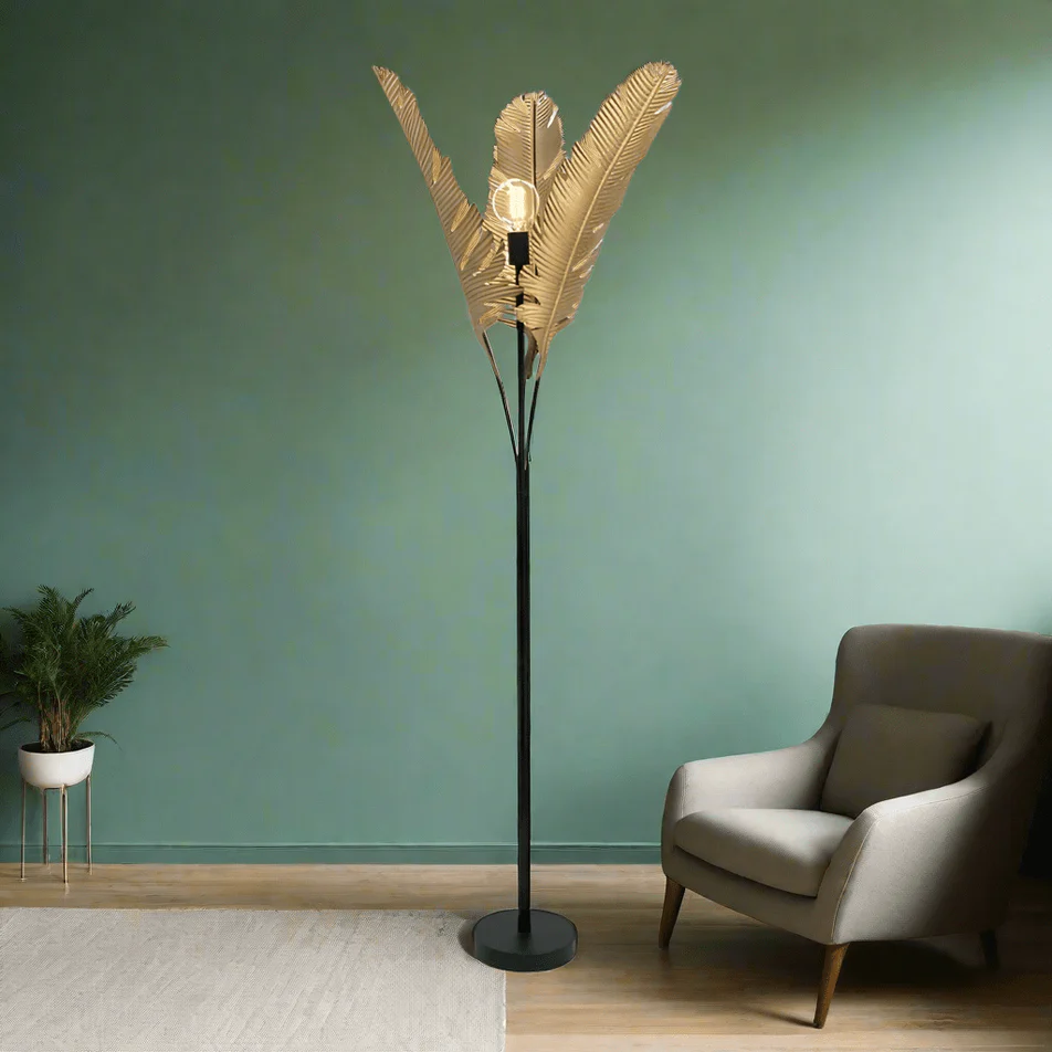 BANANA PALM FLOOR LAMP IN BLACK AND GOLD