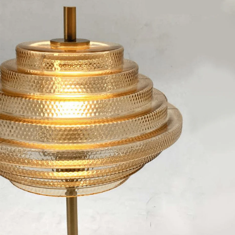 CORDIAN BRASS AND ANTIQUE GLASS TABLE LAMP