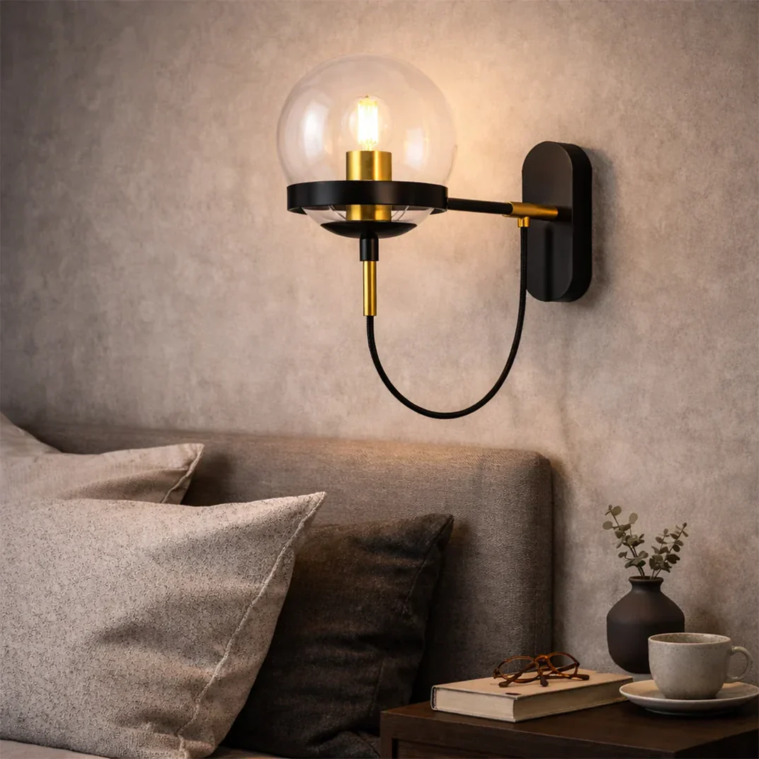 BLACK AND GOLD MODERN WALL LIGHT FOR INTERIOR – GLASS GLOBE DESIGN